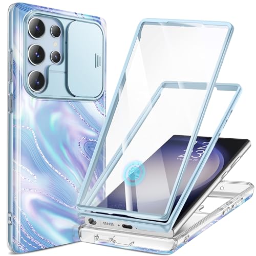 Image of GVIEWIN for Samsung Galaxy S23 Ultra Case, [Slide Camera Cover & Built-in Screen Protector] [2 Front Frames] Shockproof Military Grade Protective Marble Phone Case for S23 Ultra 6.8 inch (Aurora)