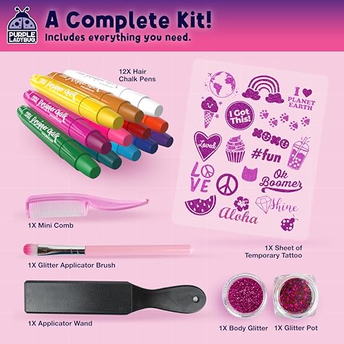 PURPLE LADYBUG 12 Colors Hair Chalk for Girls Washable Hair Dye - Birthday Gifts for Girl Ages 8-12, Temporary Hair Color for Kids, Tweens Teens for Halloween Party - Craft for Girls 6 7 8 9 10 11 12