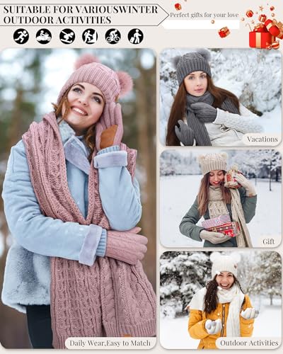 Winuesa Mütze, Schal & Handschuh-Sets für Damen, Beanie Mütze Damen Winter mit Bommel Fleece Gefütterte, Touchscreen Handschuhe Schal Mütze Damen 3 in 1 Geschenk Set(Schwarz)
