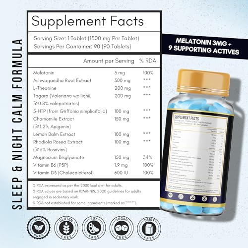 Image of Melatonin 3mg Sleep Support Tablets with Ashwagandha, 5-HTP, L-Theanine & Tagara - Non-Habit Forming Nighttime Formula - 180 Vegan Tablets