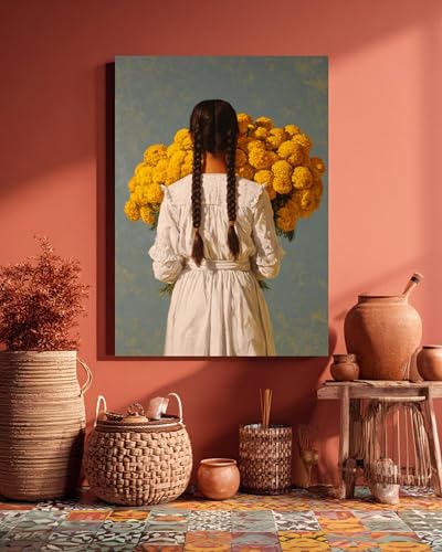 Tableau abstrait jeune fille aux œillets d'Inde affiche toile 40x60 salon
