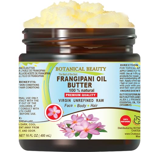 Botanical Beauty FRANGIPANI OIL BUTTER 100% Natural 16 Fl.oz.- 480 ml. Frangipani Essential Oil in Shea Nut Butter for FACE, SKIN, BODY, HAIR, NAILS. Beauty Skin Moisturizer Oil Butter.