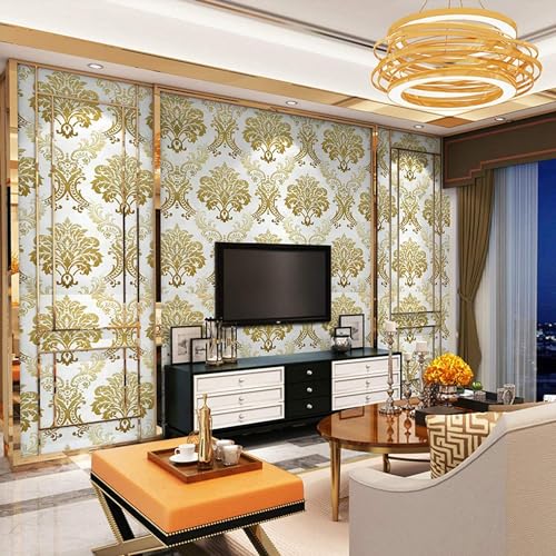 Image of Green Floral Peel and Stick Wallpaper Elegant Lillies Bedroom LIVINGROOM PVC SELF Adhesive Wallpaper 200 * 45CM-9SQFT (Golen & White Floral)