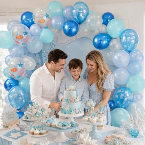 Image of Ocean Balloons, 12 inch Teal Blue Under the Sea Pearl Metallic Blue Balloons | with Sea Shell Print Pearl Aqua Clear Bubble Balloon for Summer Sea Beach Themed Pool Kids Birthday Baby Shower Decorations