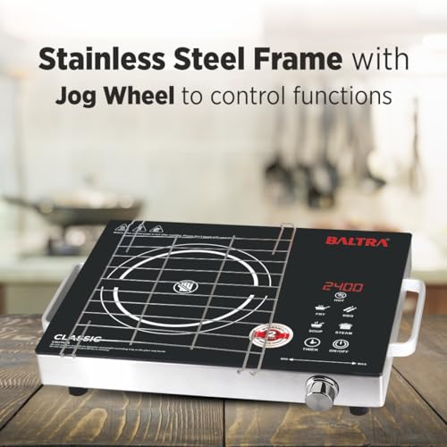 Image of Baltra Classic 2400W Infrared Cooktop Stove with Steel Grill Rack Touch Control, Polished Crystal Glass Plate, Digital Display 3 Modes, 5KV Surge Protection for Induction & Flat Bottom Utensils