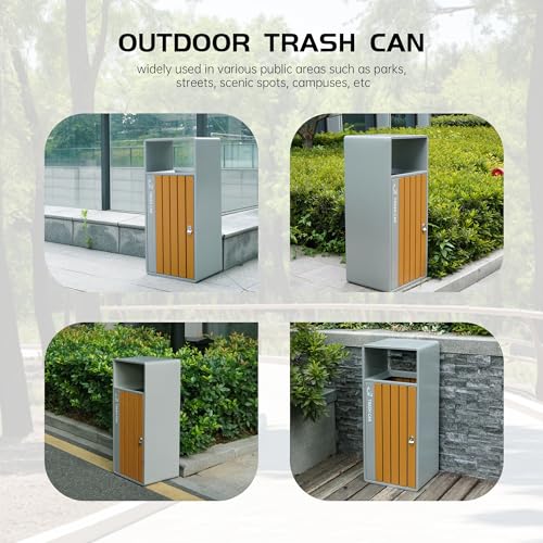 Image of Outdoor Trash Can with Lid, 51L /13.5 Gal-Lockable Commercial Trash Can with Nature Stone Panels, Heavy-Duty Rustproof Metal Garbage Can with Removable Liner for Parks & Public Spaces (White, ash)