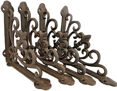 Set of 4 Cast Iron Rustic Fleur-De-Lis Shelf Brackets 7.5 x 7.5 Inch