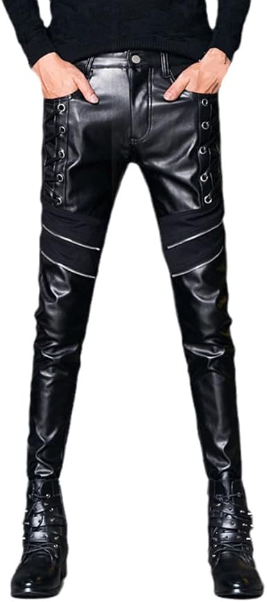 Amazon.com: Pantalón casual de piel sintética para hombre, ajuste delgado,  pantalones de locomotora punk rock, ropa de espectáculo : Ropa, Zapatos y  Joyería