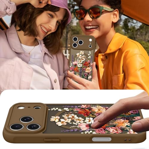 Image of Magnetic for iPhone 17 Pro Case for Women Girls, Brown Floral | Cute Oil Painting Flower Pattern Design [Compatible with MagSafe] [Full Camera Protection] Slim Bumper Matte Protective Cover