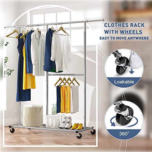 Raybee Heavy Duty Clothes Rack 405Lbs Clothing Rack Clothes Racks For Hanging Clothes Rolling Clothes Rack With Wheels Grament Rack Commercial And Portable Clothes Rack,Metal,Silver #TOP3