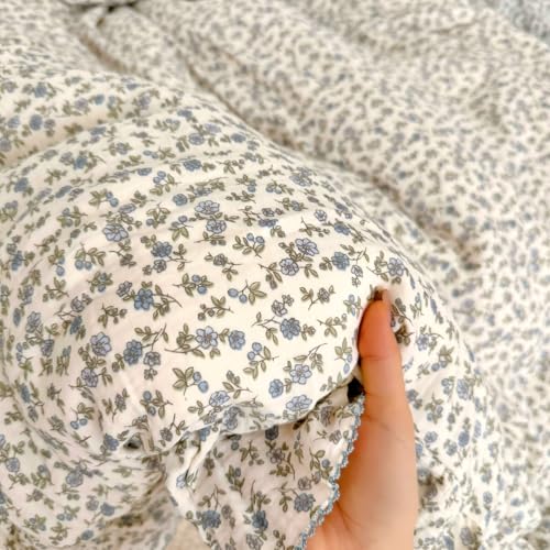 Image of BuLuTu Blue Floral Toddler Kids Duvet Cover for Girls Boys 100% Cotton Muslin Quilt Cover for Toddler Bed Vintage Flower Design Duvet Cover with Ruffles, 47 inchx59 inch, Pillow Case Not Included