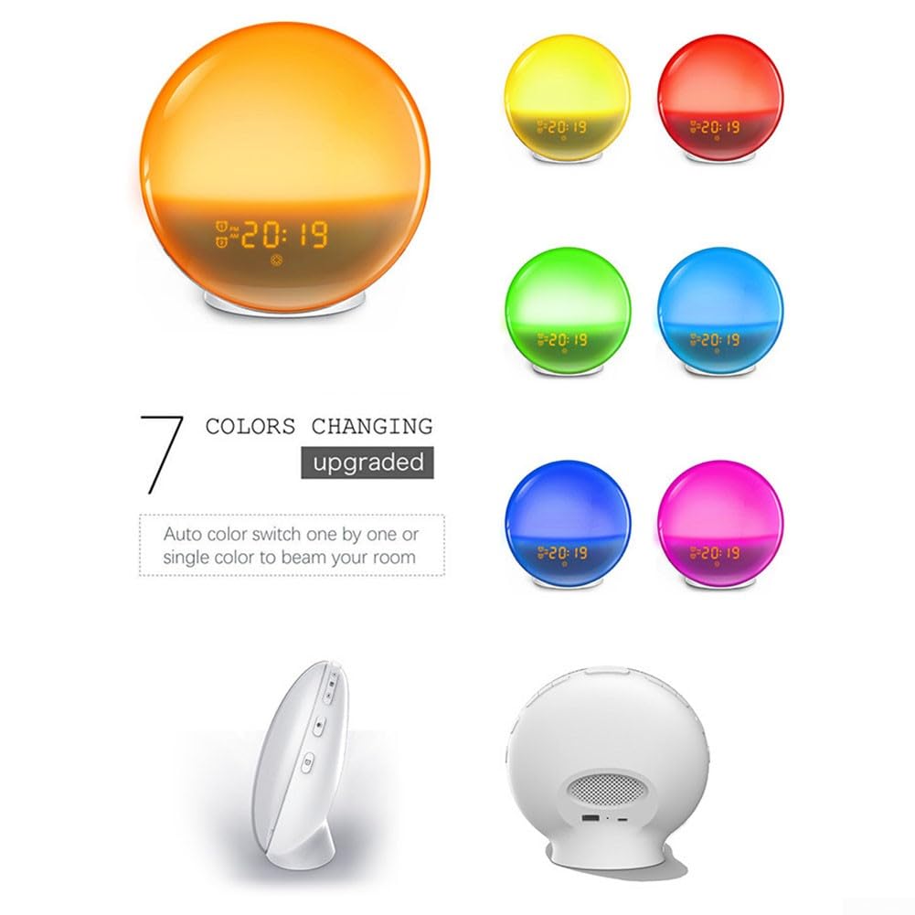 Reloj despertador de amanecer, alarmas duales de simulación, lámpara de noche para mesita de noche, brillante con alarmas duales y radio FM para niños