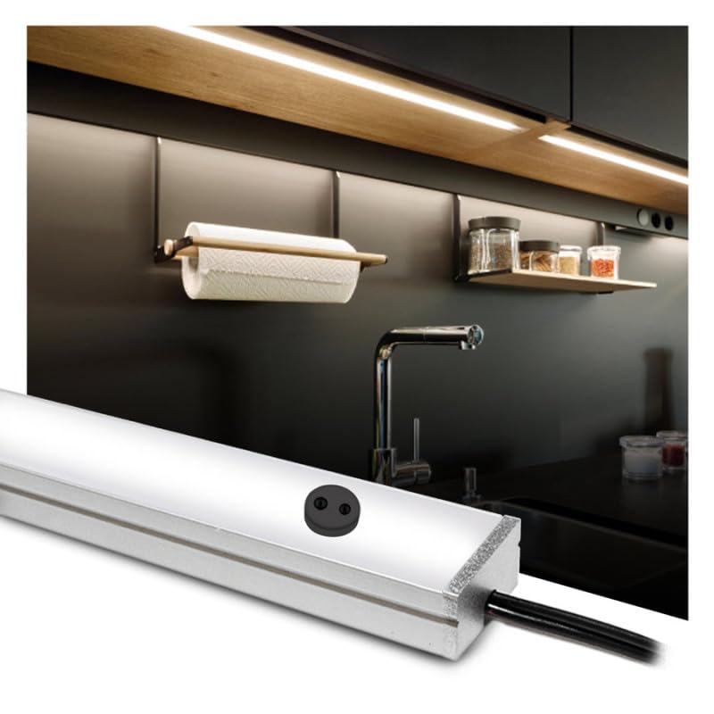 KingLed - Barretta a Led per sottopensile su Misura con sensore di prossimità mani - Lampada LED Personalizzabile 30cm/200cm profilo FLAT dimmerabile per piano cottura (150 Cm, Luce Calda 3000K)
