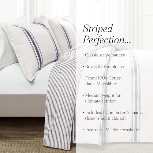 Juego de edredón matrimonial azul marino de 3 piezas con fundas de almohada de rayas 7