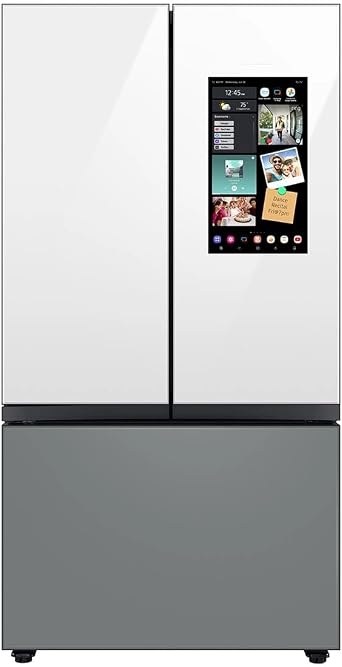 Samsung 30 Cu. Ft. Bespoke 3-Door French Door Refrigerator with Family Hub, White Glass Top Panels with Matte Gray Glass Bottom Panel, RF30BB69006MAA