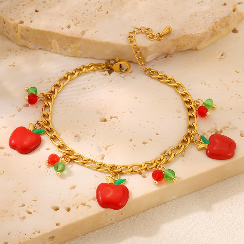 Sweet Red Enamel Apple Charm Crystal Tassel Stainless Steel Bracelet for Woman Fashion Dainty Summer Fruit Food Green Leaf Adjustable Chain Exquisite Cute Birthday Christmas Gift Jewelry - Image 3
