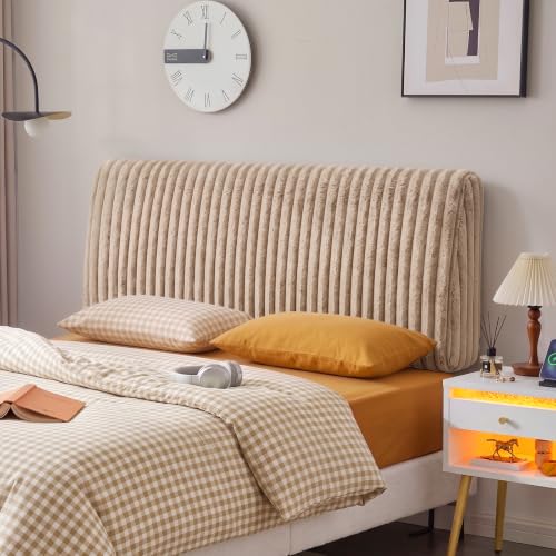 Image of Pinmoco 4.7 inch Upholstered Modern Headboard for Queen Size Bed, Height Adjustable and Ergonomic Headboard, Easy Assemble, Sturdy and Durable, Faux Rabbit Fur, Light Camel