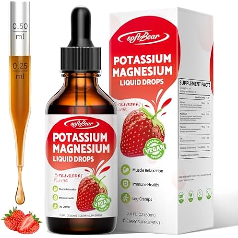 softbear Potassium Magnesium Liquid Drops, High Absorption Calcium Magnesium Potassium Liquid for Bone & Muscle Health Liquid Potassium and Magnesium Supplement Drops Strawberry Flavor 2 Fl Oz Cover