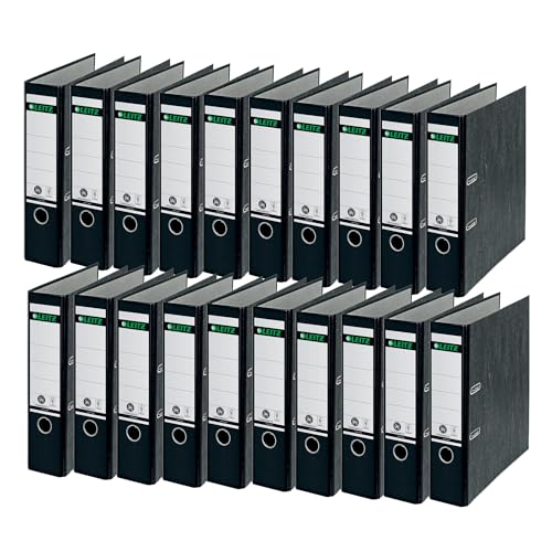 Leitz Qualitäts-Ordner, 20er Pack, das Original, DIN A4 Aktenordner 8 cm breit, Wolkenmarmor-Papier, Recycling-Ordner, Blauer Engel, Mit 180° Mechanik, Höchste Stabilität, Schwarz, 10805095