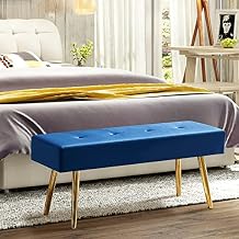 Bench Modern Entryway Bench End of Bed Bench Ottoman Upholstered Velvet Bedroom Benches for Foot of Bed Tufted Bench Footrest Stool with Golden Legs 40" Dark Blue