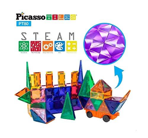 Picassotiles 80 Piece Magnetic Building Block Construction Toy Set Diamond Magnet Tile Blocks With Car Truck Stem Learning Kit Early Education Builder Playset Toys For Children Toddler Boy Girl Age 3+ #TOP3
