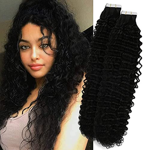 VeSunny Tape in Hair Extensions Kinky Curly Human Hair 14 Inch #1B Natural Black Hair Extensions Remy Human Hair Extension Tape in for Women 20pcs 50g