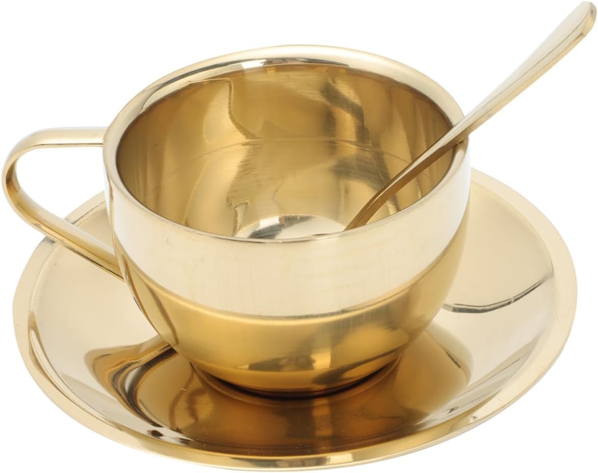 ARTIBETTER Household Mug Cup Set with Spoon and Saucer Golden Stainless Steel Coffee Cup for Espresso Latte Cappuccino Tea Juice Home Kitchen Use