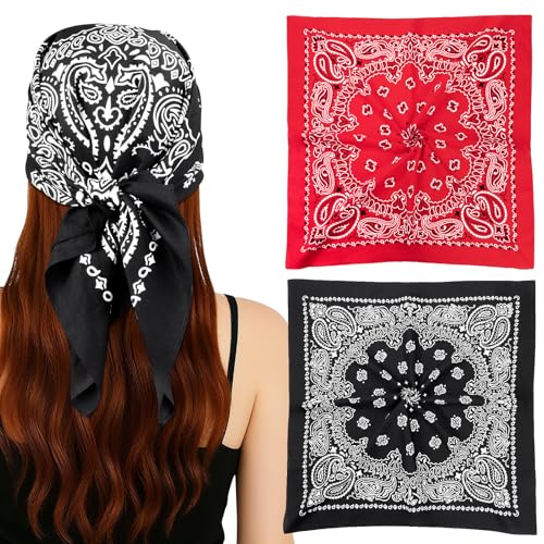 MELLIEX 2 Piezas Bandana Hombre Mujer, Algodón Paisley Pañuelo Cabeza, Vaquero Bufanda de Cuello, 70 x 70 cm, Negro y Rojo