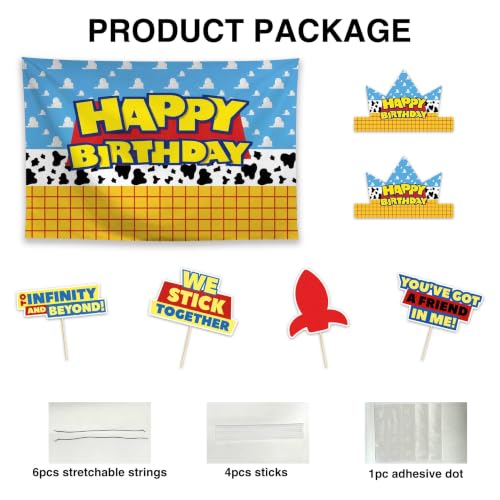 Allenjoy Cute Story Birthday Party Decorations Set - 11 Piece Kit with 59"x35" Backdrop, 6 Headbands, 4 Photo Booth Props, Decor Supplies, Favors for Kids Boys Girls Son Daughter by Allenjoy - Used condition - Image 2