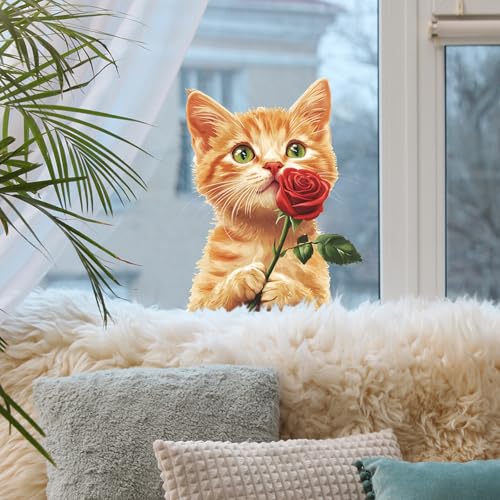 Vinilo decorativo naranja con gatito y rosa roja miniatura 5