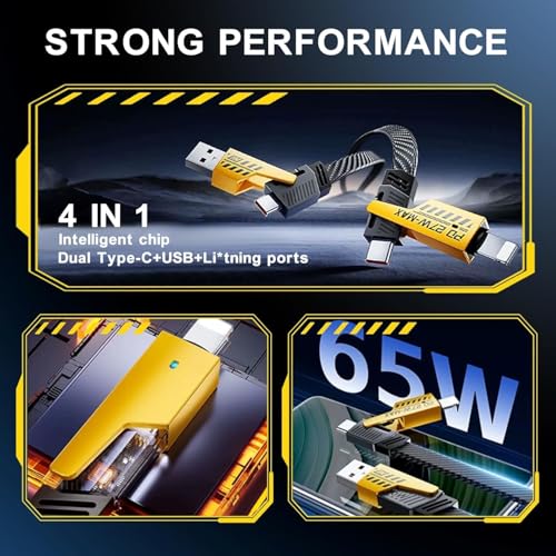 Image of 4-in-1 Fast Charging Cable 65W, Multi USB Cable with Type C, Lightning & USB A Ports, Thunderbolt Support, Universal Charger for iPhone, Android, Tablets & Laptops (Yellow)