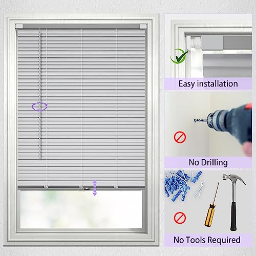 Raoot Mini-Cordless Horizontal-Blinds For Windows, No Tools No-Drill Window Blinds 24" W X 64" H Inside Mount Window - Shades With Tilt Wand, Light Filtering Vinyl-Blind (Silver Grey) #TOP2