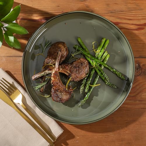 Gibson Elite 12 Piece (Service for 4) Townscape Plates and Bowls Reactive Glaze Embossed Round Dishes Terracotta Ceramic Dinnerware Set - Dark Green