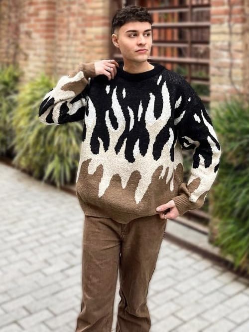 ZAFUL Men's Oversized Sweater Y2K Aesthetic Flame Graphic Crewneck Knit Pullover Unisex Casual Sweaters - Image 2
