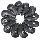 Techson Golf Club Headcovers (Black, 12pcs), Waterproof Portable Iron Head Covers Protector, Outdoor Leather Golf Putter Accessories Equipment (Black)