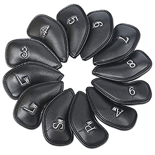 Techson Fundas para cabeza de palo de golf (negro, 12 unidades), protector de cabeza de hierro portátil impermeable, accesorios de cuero para putter de golf (negro)