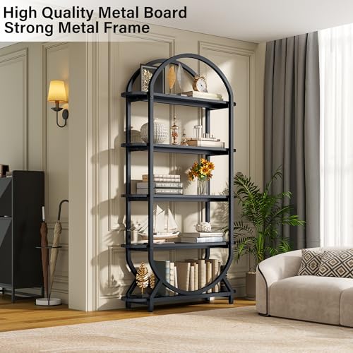 Image of Jehiatek Arched Bookshelf Bookcase, 71 Inches Tall Industrial Book Shelf with Sturdy Metal Frame, E1 Quality Boards, Freestanding Display Shelving Unit, Black