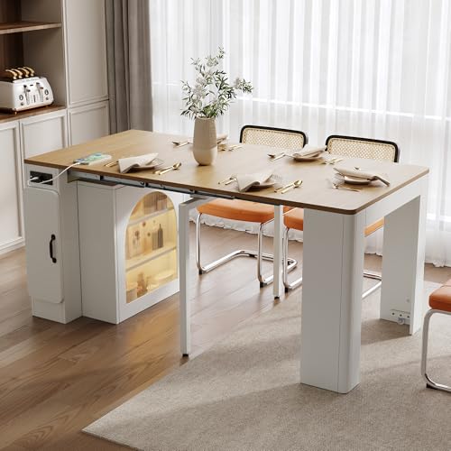NuvlaGu Isla de cocina con ruedas, mesa de comedor extensible con tablero extraíble, carrito de servicio móvil con regletas, sirve como aparador, aparador o mesa de bar