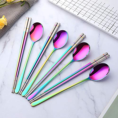 image for Buyer Star 4 Set Rainbow Square Chopsticks and Spoons Set Metal Stainl