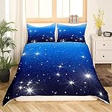 Navy Ombré Bettbezug 135 x 200 cm Kinder Jungen Mädchen Glitzer Sterne Pailletten Bettwäsche Set Dunkelblau Galaxie Bettbezug Trippy Hippie Tie Dye Tagesdecke Sternenhimmel Schlafzimmer Dekor