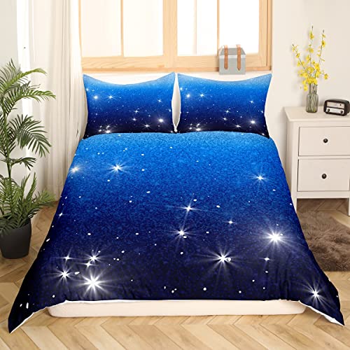 Navy Ombré Bettbezug 135 x 200 cm Kinder Jungen Mädchen Glitzer Sterne Pailletten Bettwäsche Set Dunkelblau Galaxie Bettbezug Trippy Hippie Tie Dye Tagesdecke Sternenhimmel Schlafzimmer Dekor