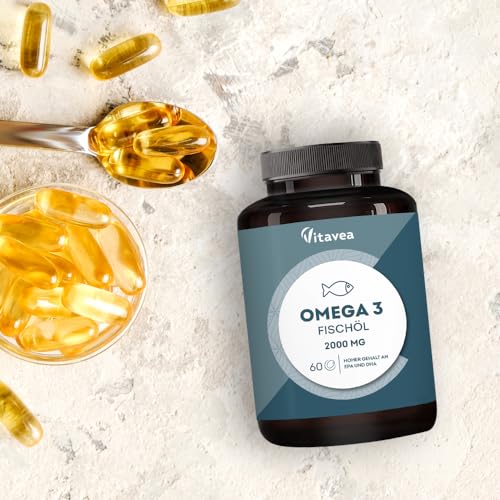 Omega 3 Wildfischöl 2000mg - 1000mg EPA, 500mg DHA, 60 Omega 3 Kapseln hochdosiert - Herz- & Gehirnfunktion, Sehkraft - 2 Monate - Vitavea