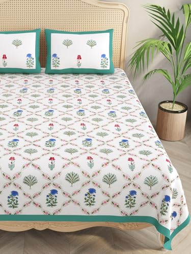 Image of Cotton Bedsheet, Hand Block Printed Bedsheet for Double Bed with 2 Pillow Covers, Eco-Friendly Bedsheet for Bedroom, Guestroom & Living Room, Size - 108 * 108 (Turquoise & Pink & Blue)