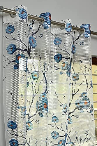 MOGNE FAB Attractive Floral Design Transparent Net Blue Eyelet Tissue Sheer Curtains for Long Door Set of 2 ||4x9 Feet