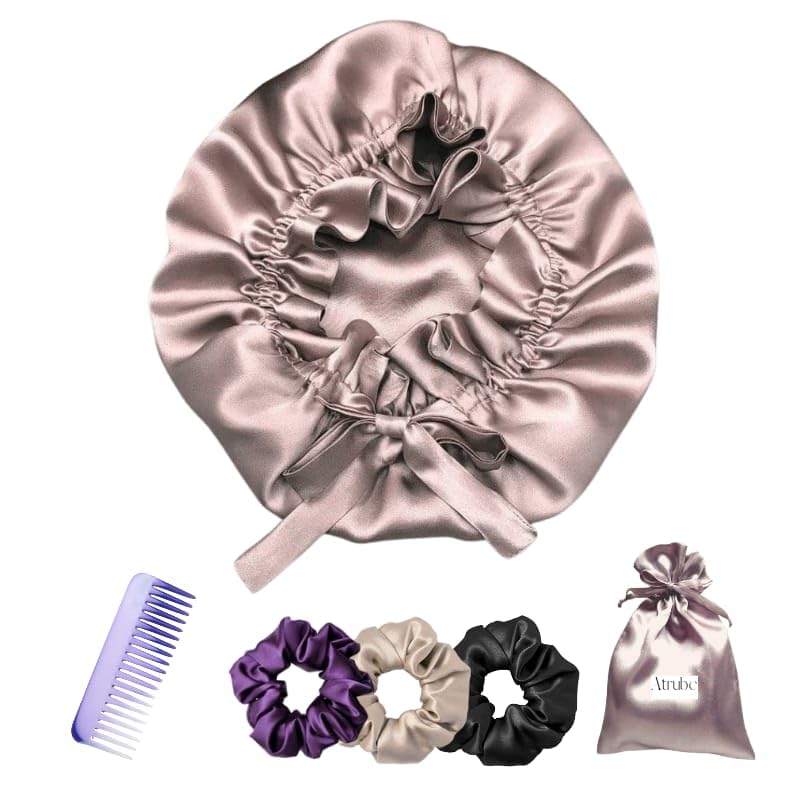 Atrube Satin Silk Bonnet with 3 Premium Scrunchies, Adjustable Hair Cap for Sleeping, Curly Hair Wrap with Ribbon Tie Band-picture-31