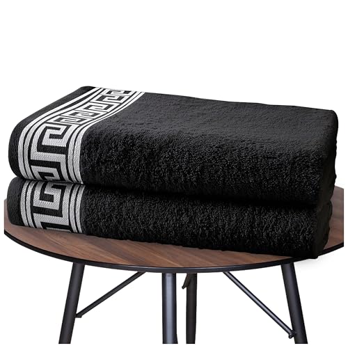 GC GAVENO CAVAILIA Greek Bath Sheet Set of 2 Bathroom Towel Set, 100% Egyptian Cotton Bath Towels, 500 GSM Jumbo Towels, Quick Dry Designer Towels, 80x170 CM, Black
