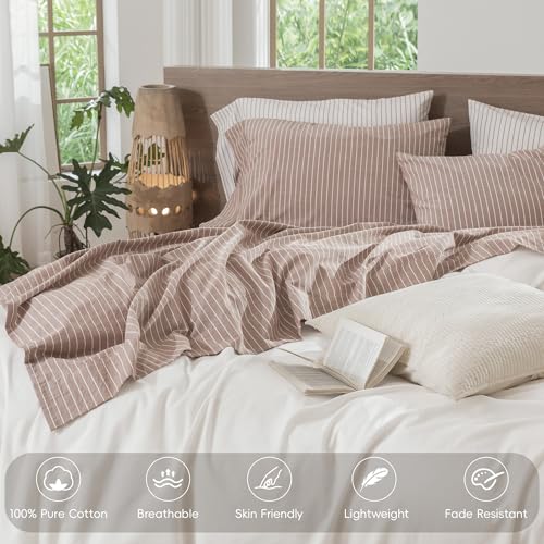 Image of MooMee Striped Sheet Set 100% Washed Cotton Linen Like Full