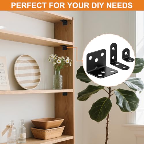 Image of 26 Pack L Bracket Corner Brace Kit, 3 Sizes Stainless Steel L Brackets for Wood Shelves, 90 Degree Right Angle Bracket, Black Metal Corner Brackets for Furniture Cabinet Drawer Chair (with 88 Screws)