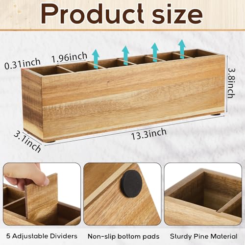 Image of Jetec Wooden Pencil Pen Holder for Desk 6 Compartments Wood Office Desk Organizers for Countertop Adjustable Makeup Brush Organizer Silverware Caddy for Party, Home, Art Supplies (Acacia Wood)