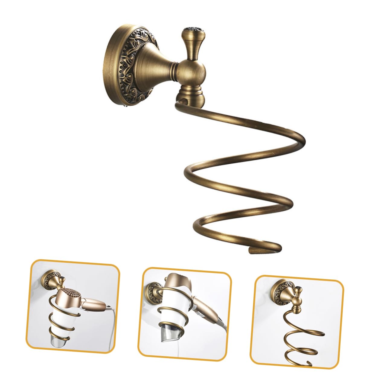 PACKOVE Soporte para Secador de Pelo y Organizador de Aparatos Cabello, Montaje en Pared, Acabado Latón Antiguo, para Baño y Dormitorio, Ahorro de Espacio y Fácil Uso